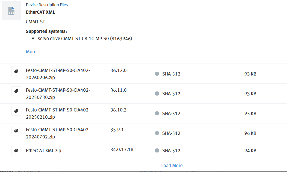Festo support portal showing multiple ESI file versions for CMMT-ST