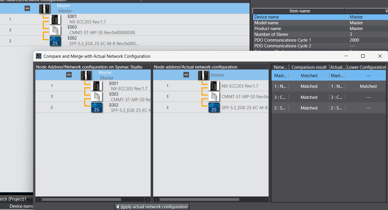 Sysmac Studio Compare and Merge dialog showing CMMT-ST matched on the network