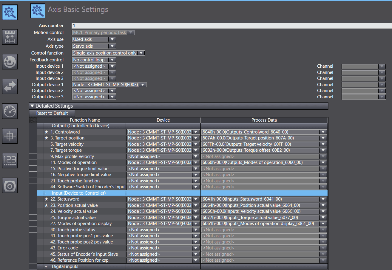 Sysmac Studio Axis Basic Settings showing PDO mapping for CMMT-ST