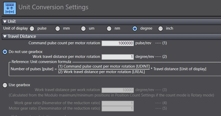 Sysmac Studio Unit Conversion Settings showing 1000000 pulse/rev and 1 degree/rev