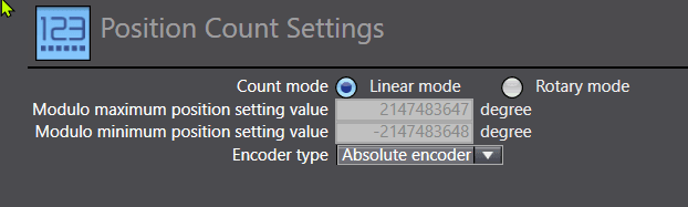 Sysmac Studio Position Count Settings showing Absolute encoder selected