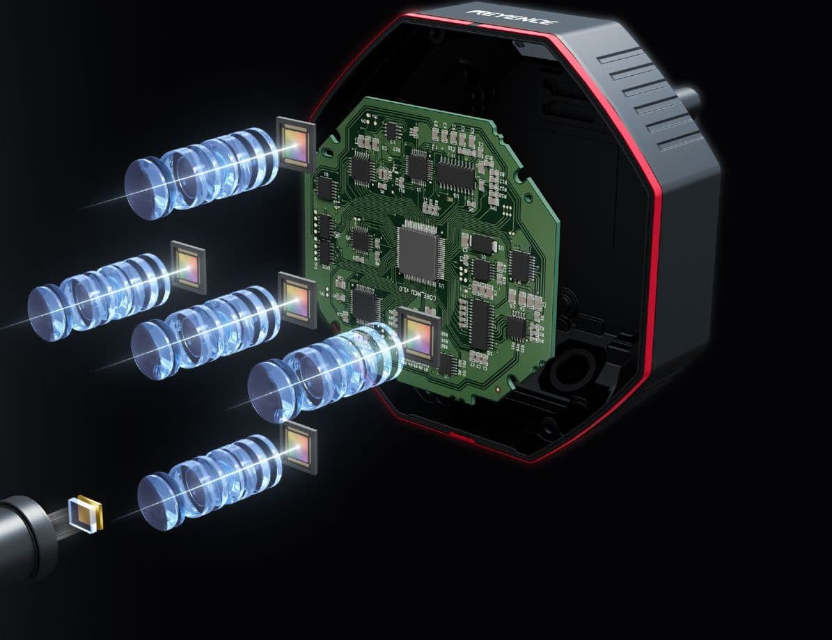 Keyence's illustration of the CG-R camera taken apart: lens stacks and image sensors in front of the main circuit board